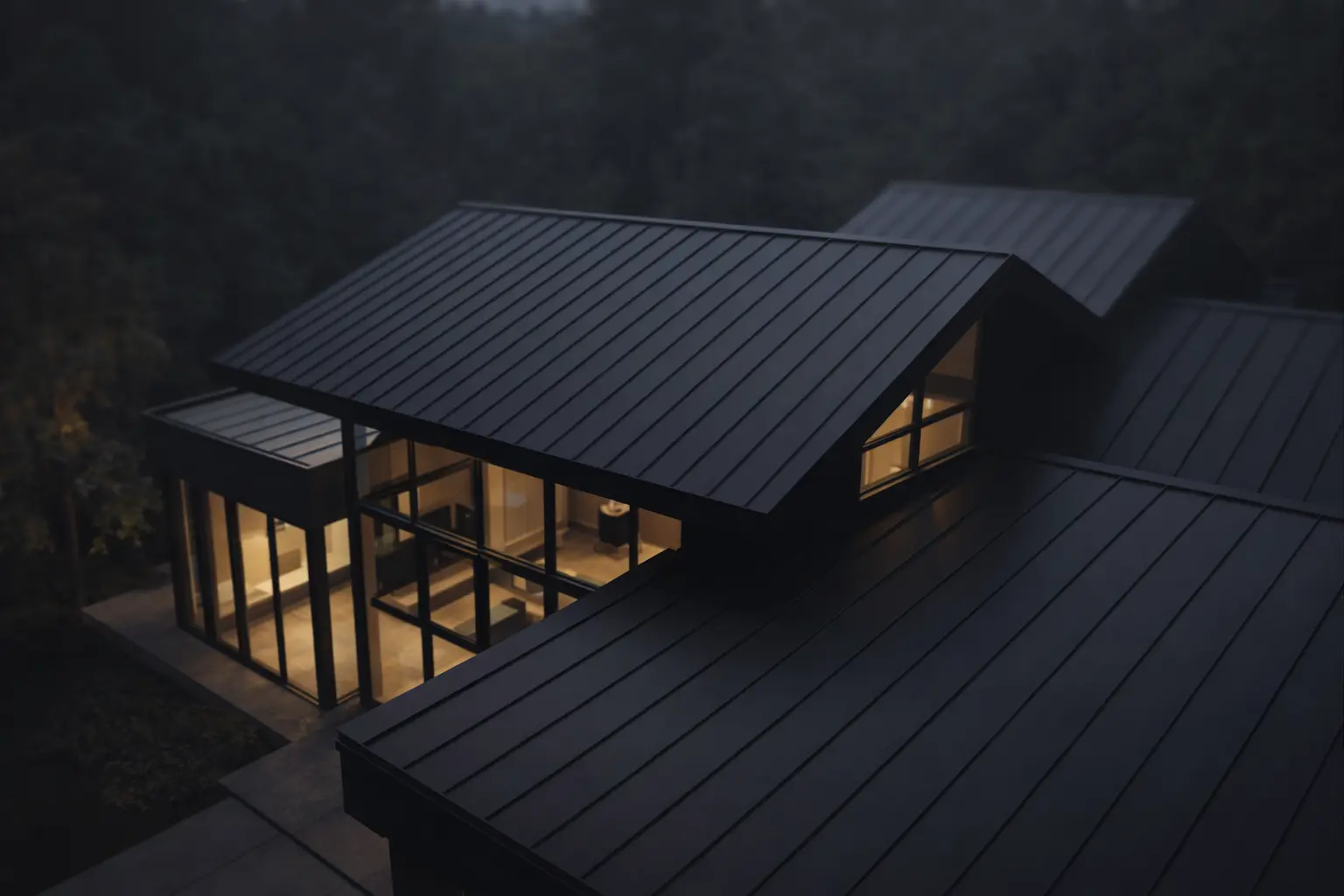 Modern standing seam metal roof on an architectural home